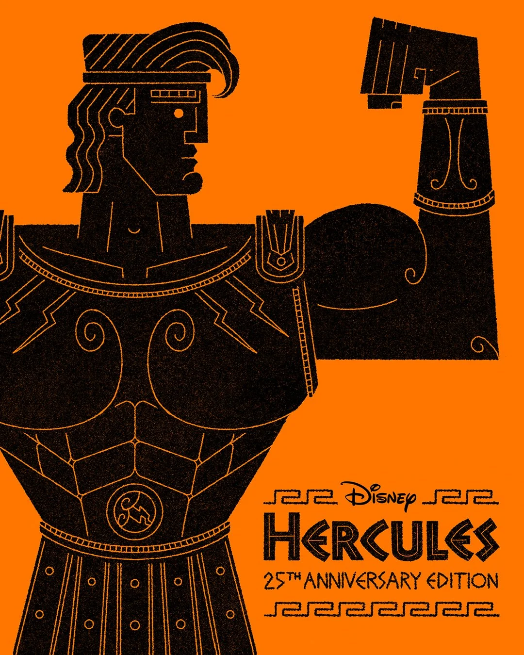 Illustration of Disney's Hercules, a classical Greek hero, in black lines on an orange background. The text reads "Disney Hercules 25th Anniversary Edition."