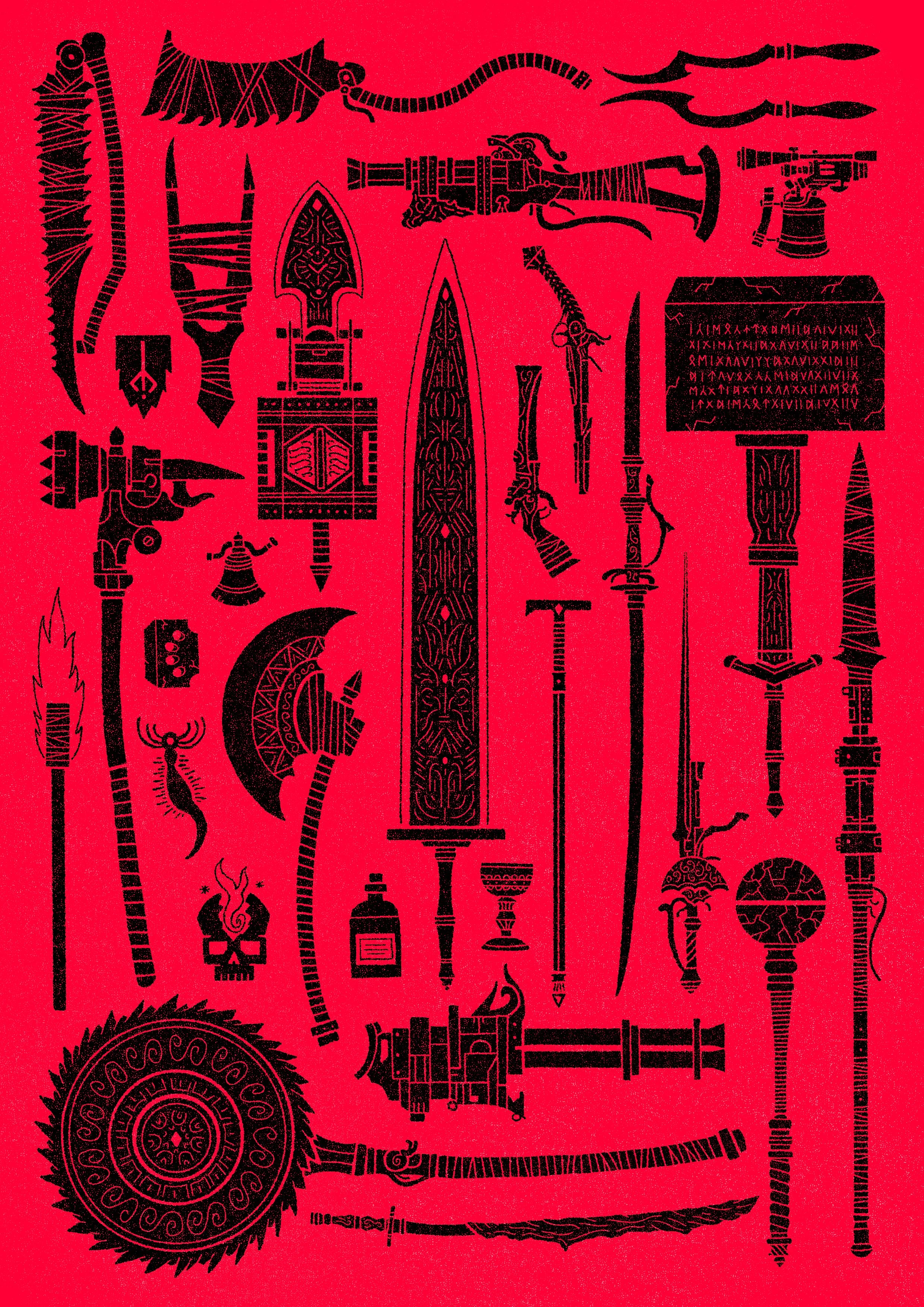 Collection of black weapons from FromSoftware's video game Bloodborne illustrated on a red background, including swords, axes, spears and guns.