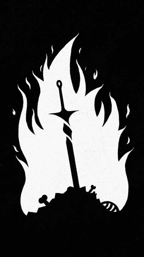 An animated GIF of a black and white illustration of a burning campfire with a sword stabbed in the ground, surrounded by flames and smoke.  Based on the Bonfire from FromSoftware's video game Dark Souls.