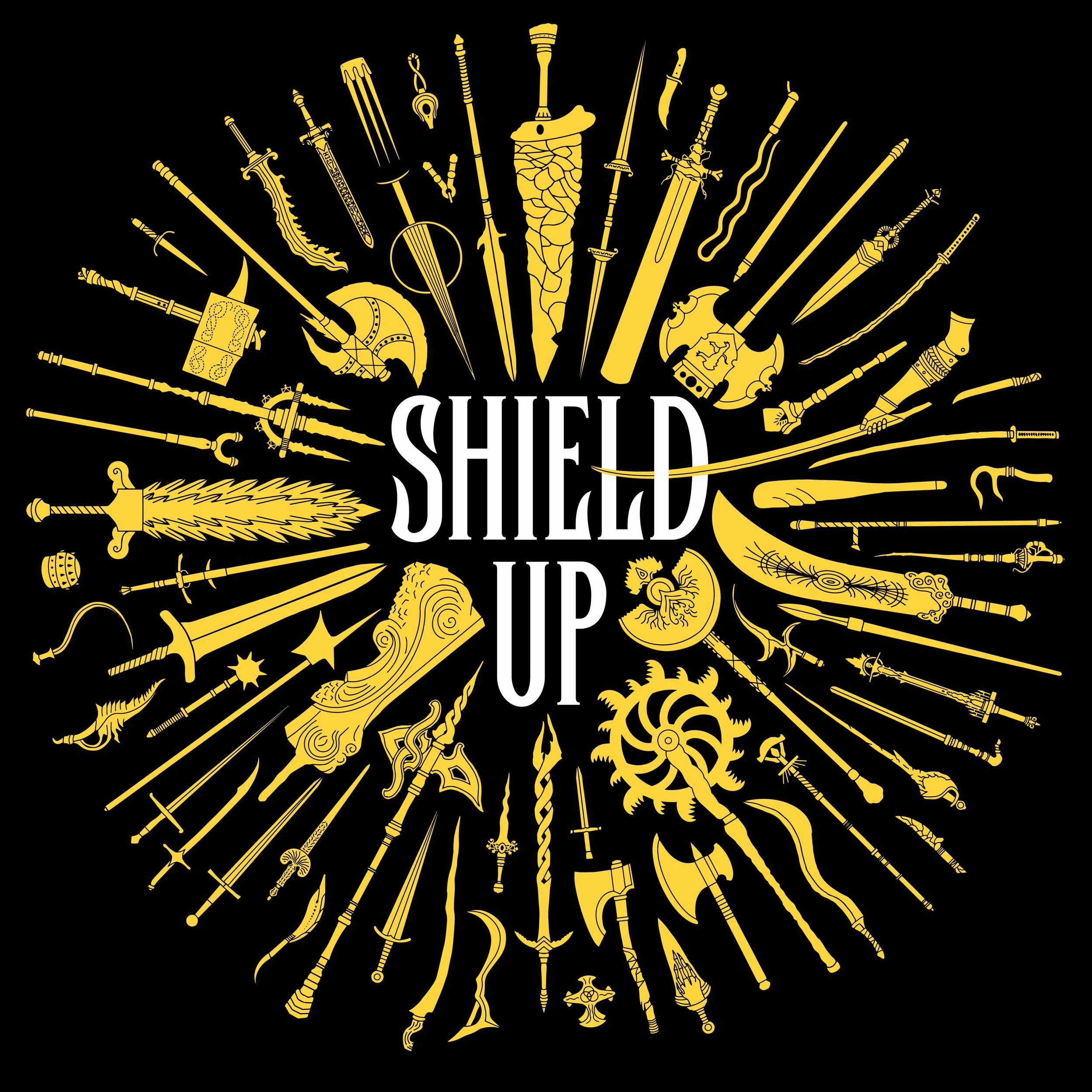 RKG 'Shield Up' Illustration and typographic design depicting a circular arrangement of various gold weapons and fantasy items from FromSoftware's video game Elden Ring.