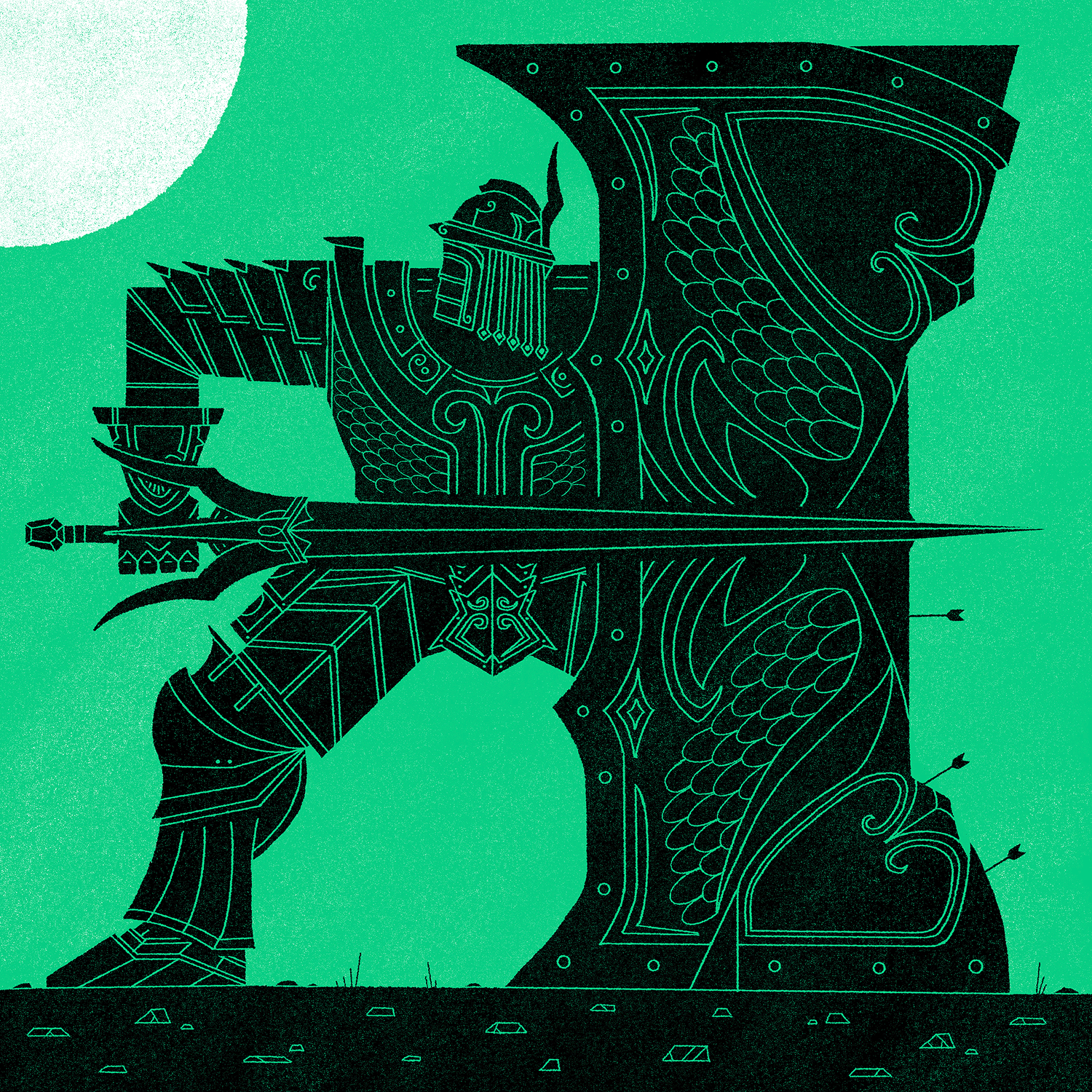 A series of illustrations from FromSoftware's video game Demon's Souls. Featuring bosses, dragons, knights and warriors against a green background.