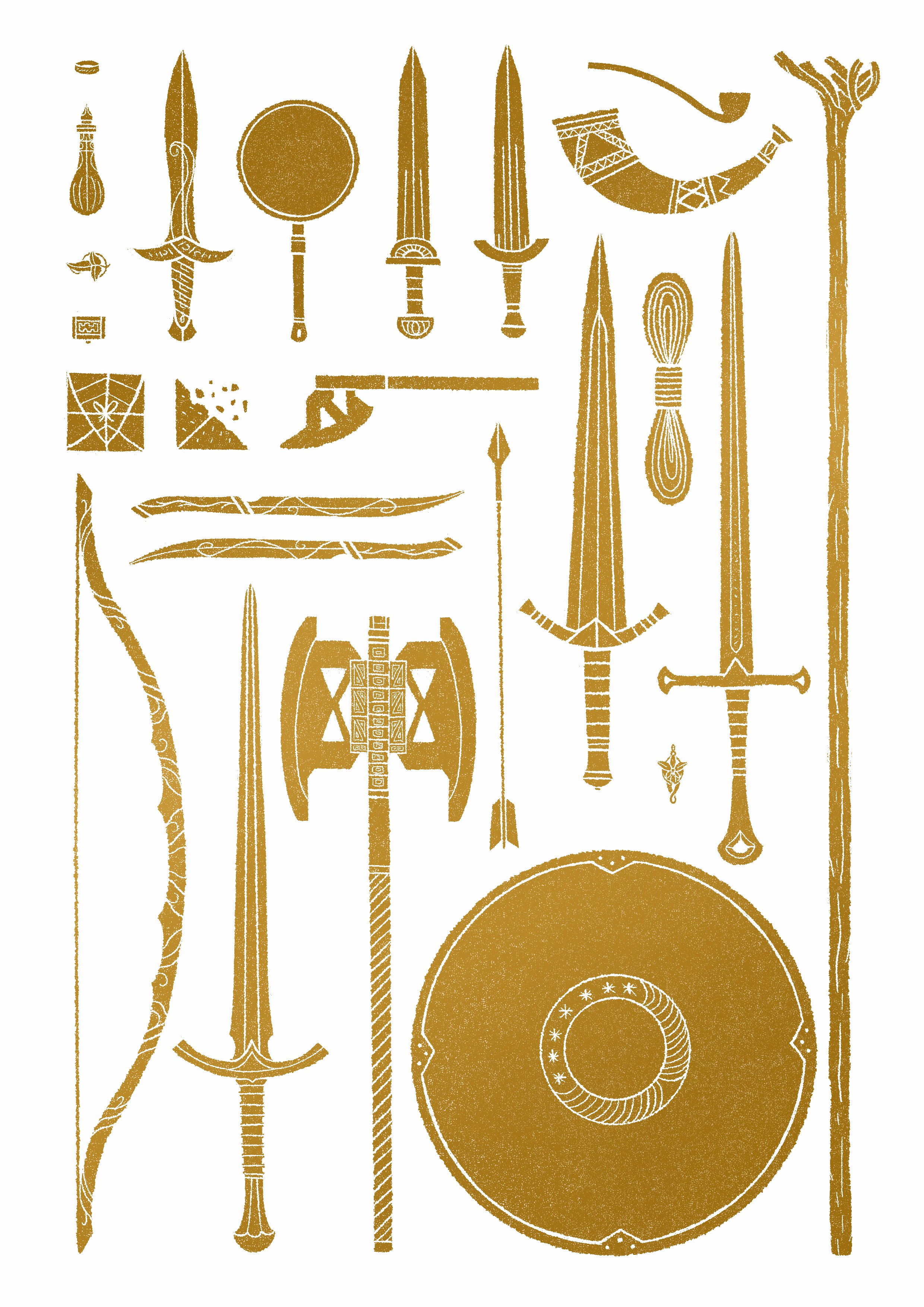 Collection of coloured weapons, shields and items from The Lord of the Rings, depicting the tools of The Fellowship including swords, daggers, a bow, an axe, a staff and a shield.