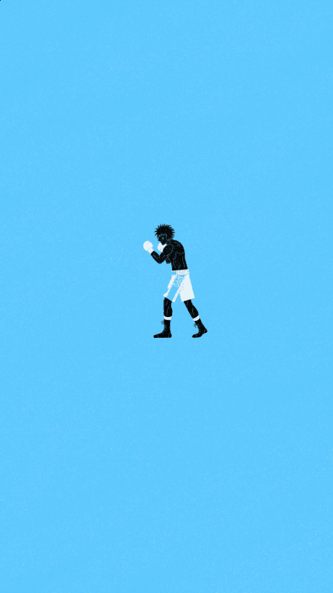Hajime no Ippo - Animated boxer Ippo Makunouchi in white shorts and gloves, stood in boxing stance, against a light blue background.