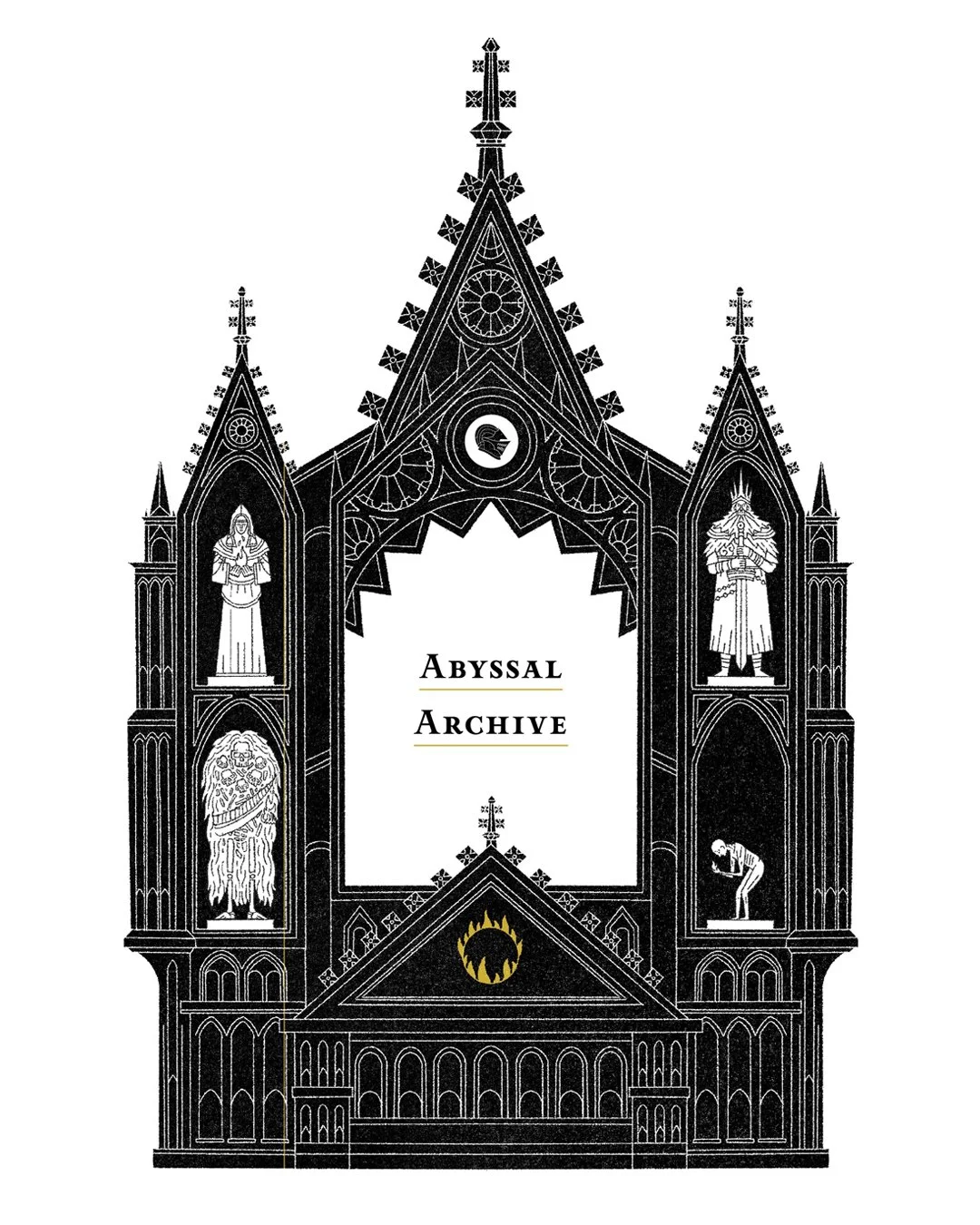 For Tune and Fairweather's 'Abyssal Archive', a black and white illustration of a gothic-style church facade with four statues and the text 'Abyssal Archive' in the centre.