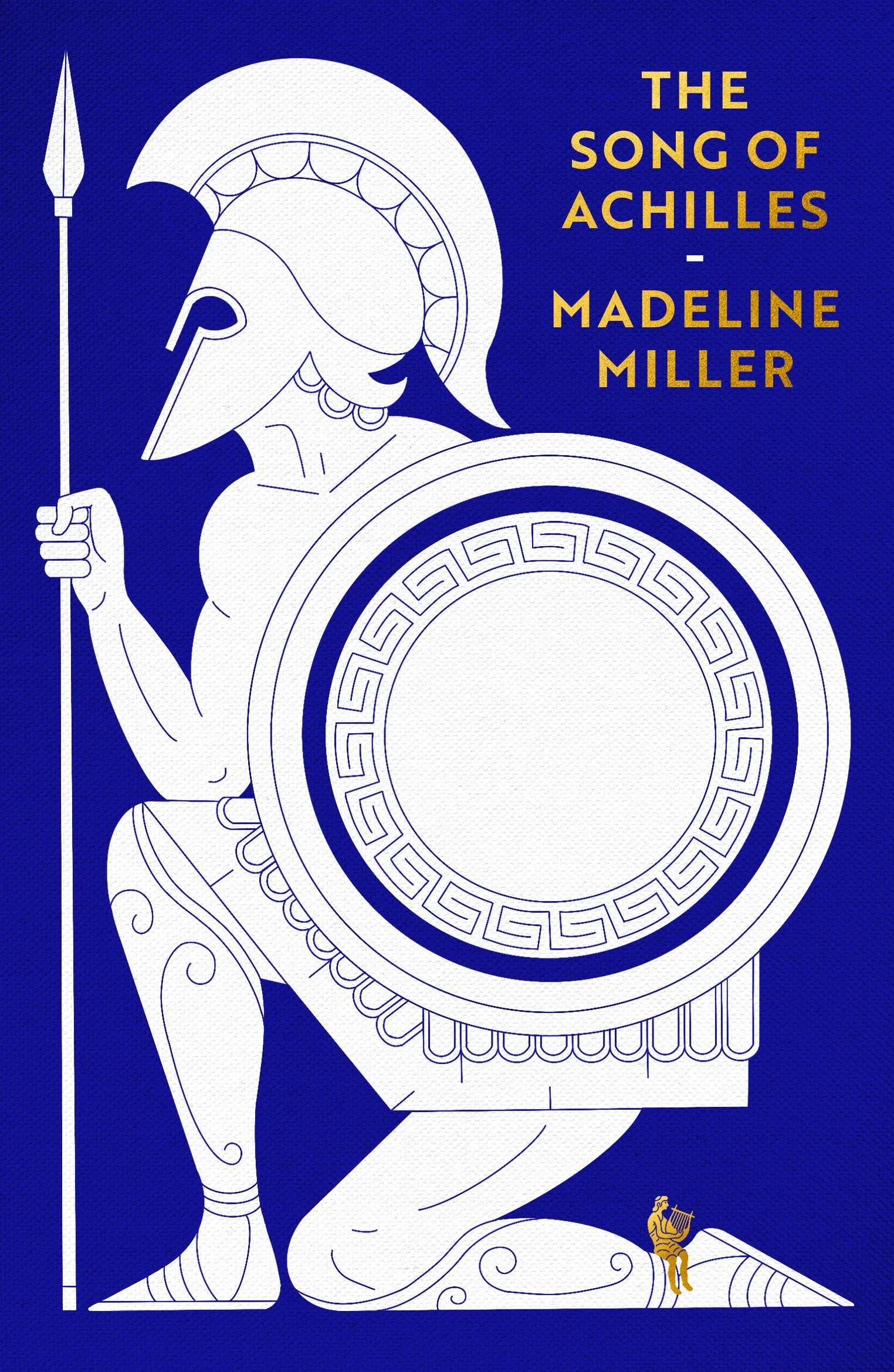 Book cover illustration titled 'The Song of Achilles' by Madeline Miller, featuring an illustration of a Greek soldier with a shield and spear, wearing a helmet with a crest, and a small figure of a musician playing a lyre in the bottom right corner.