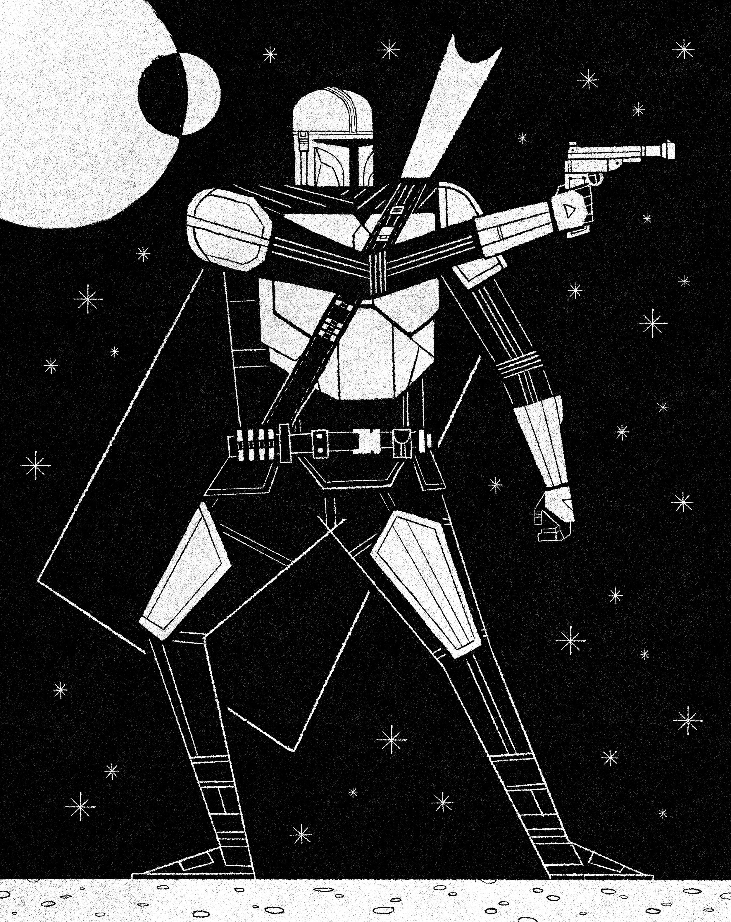 Line art illustration of The Mandalorian from Star Wars, holding a blaster, standing on the moon's surface with stars and a planet in the background.