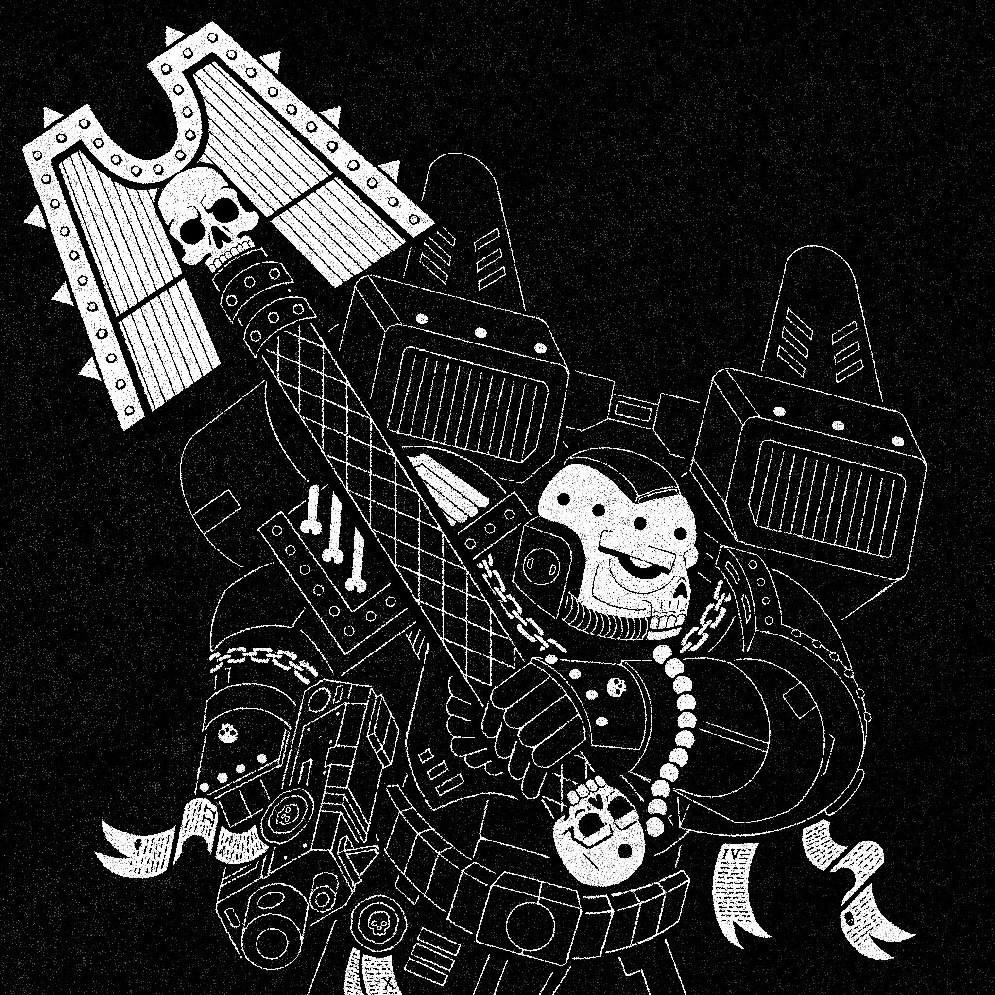 A black and white graphic illustration of a Chaplain Space Marine from Warhammer 40,000. A futuristic warrior with a skeleton helmet and power armour, holding a large spiked mace with a skull and crossbones on top.