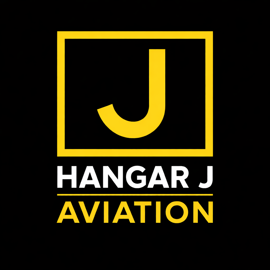 Logo for Hangar J Aviation featuring a large yellow letter 'J' inside a yellow square, with the words 'HANGAR J' in white and 'AVIATION' in yellow underneath.