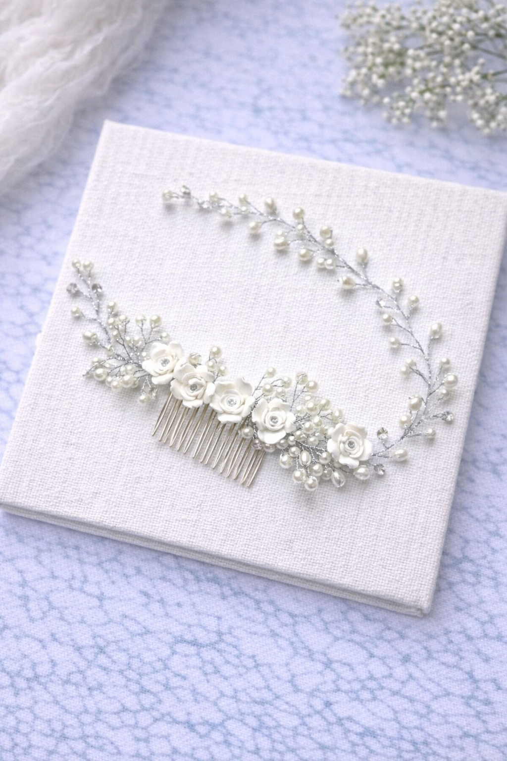 White Floral + Pearl Wrap Comb, Bridal Hair Accessories
