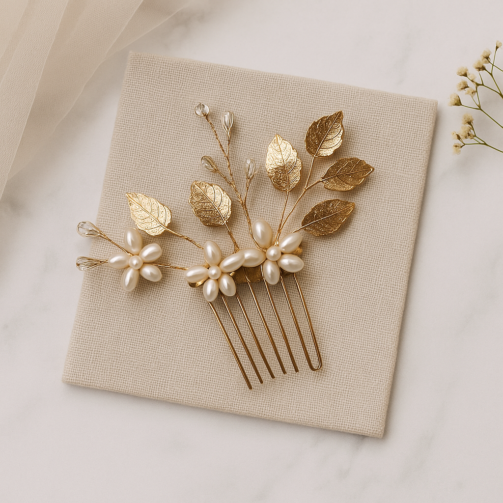 Pearl Flowers + Leaves Comb, Bridal Hair Accessories