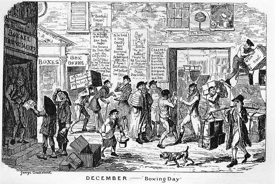 A crowded 1836 cartoon of a London street on Boxing Day, filled with people carrying boxes past signs and shopfronts punning on the word “box.”