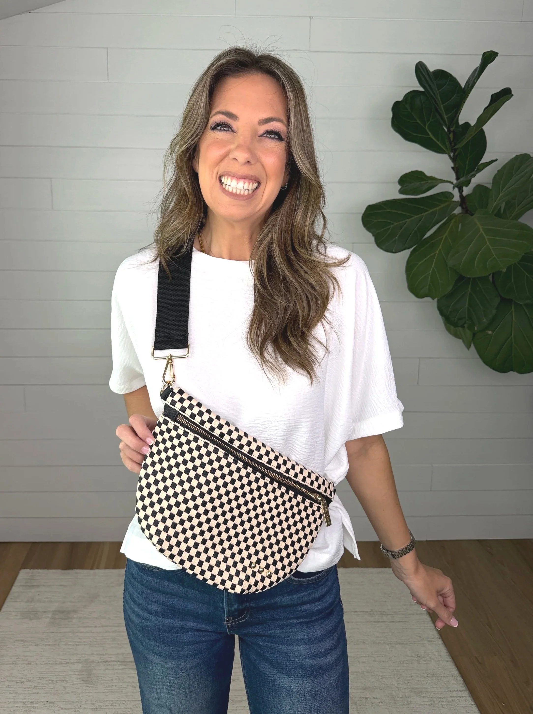 Checkered black vegan leather bum bagjpg