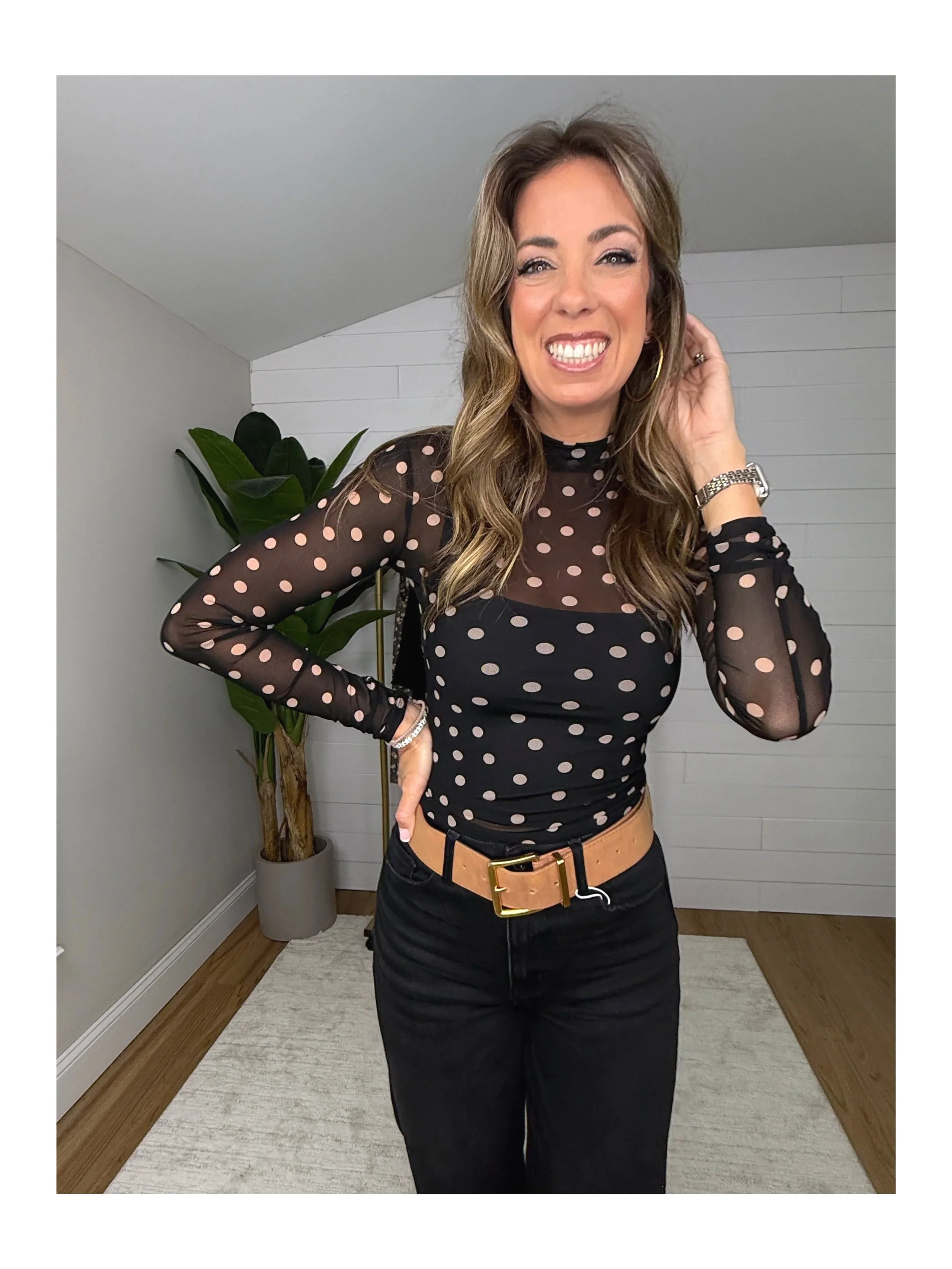 Black Polka Dot Mesh Mock Neck Long Sleeve Top