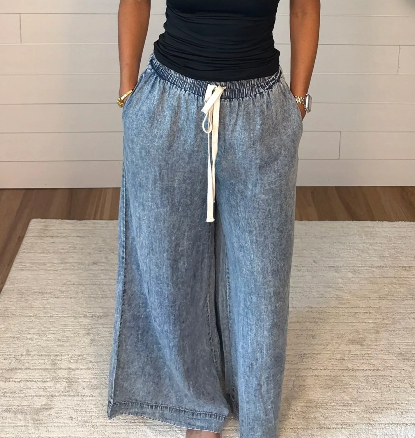 Mineral Wash Wide-Leg Drawstring Pants
