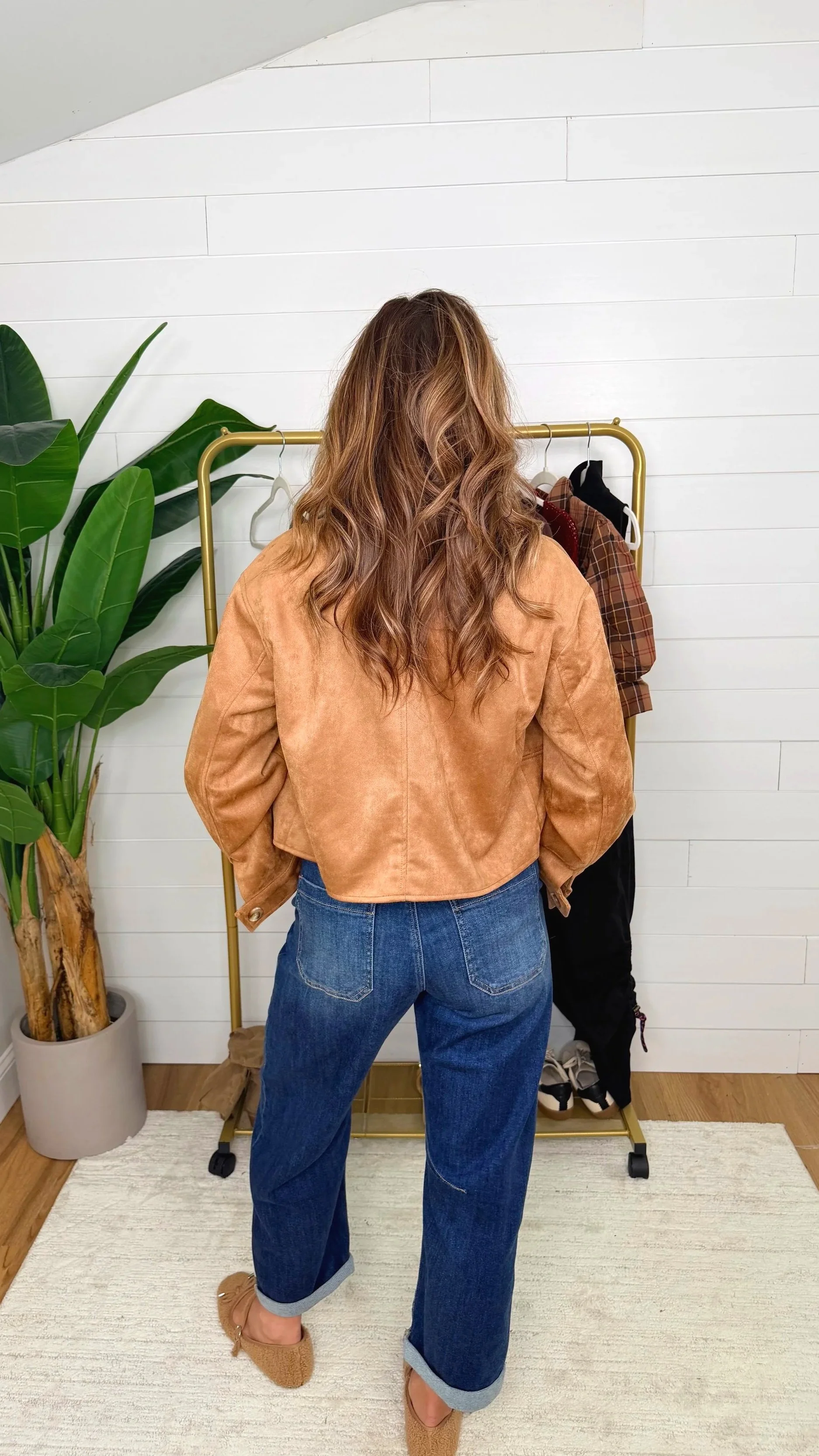 back side of suede jacket in camel
