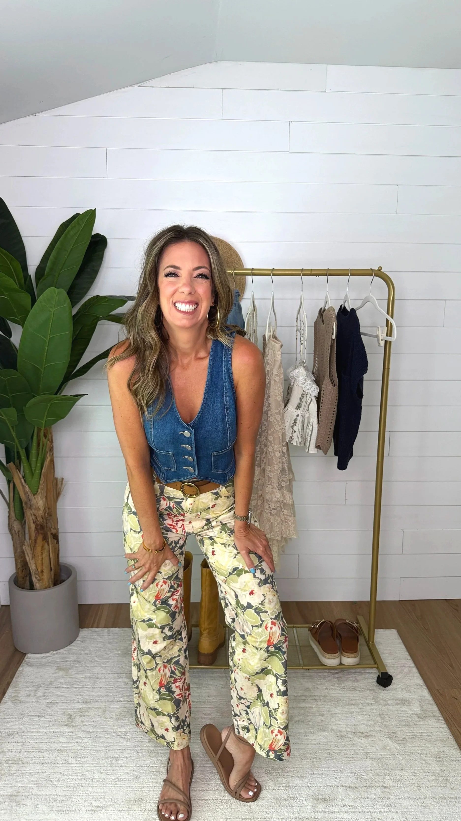Front view of olive floral wide leg floor length pant
