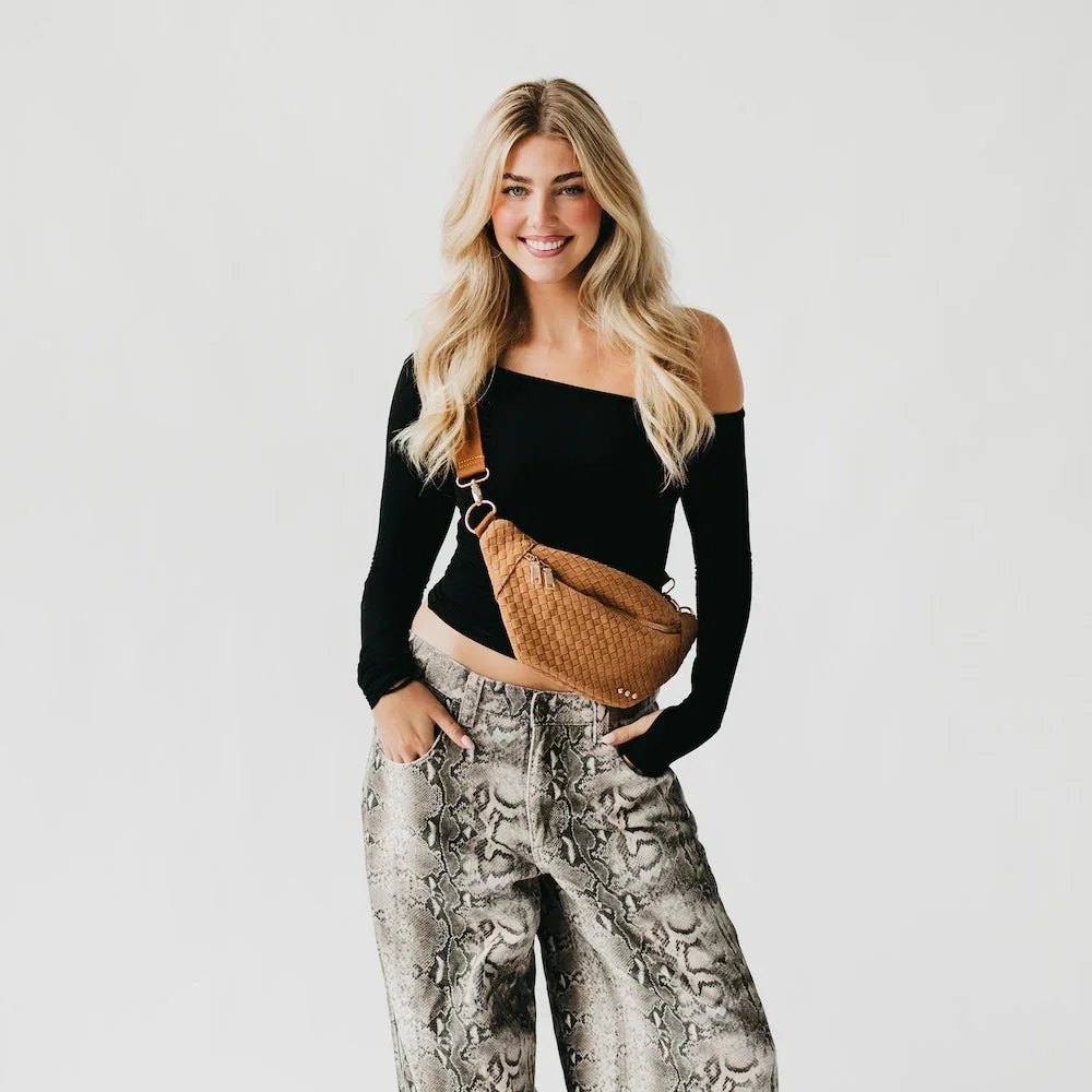 full view of vegan suede bum bag in killer