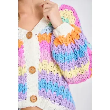 Close up of rainbow chunky knit cardigan showing wood buttons and stitch detail