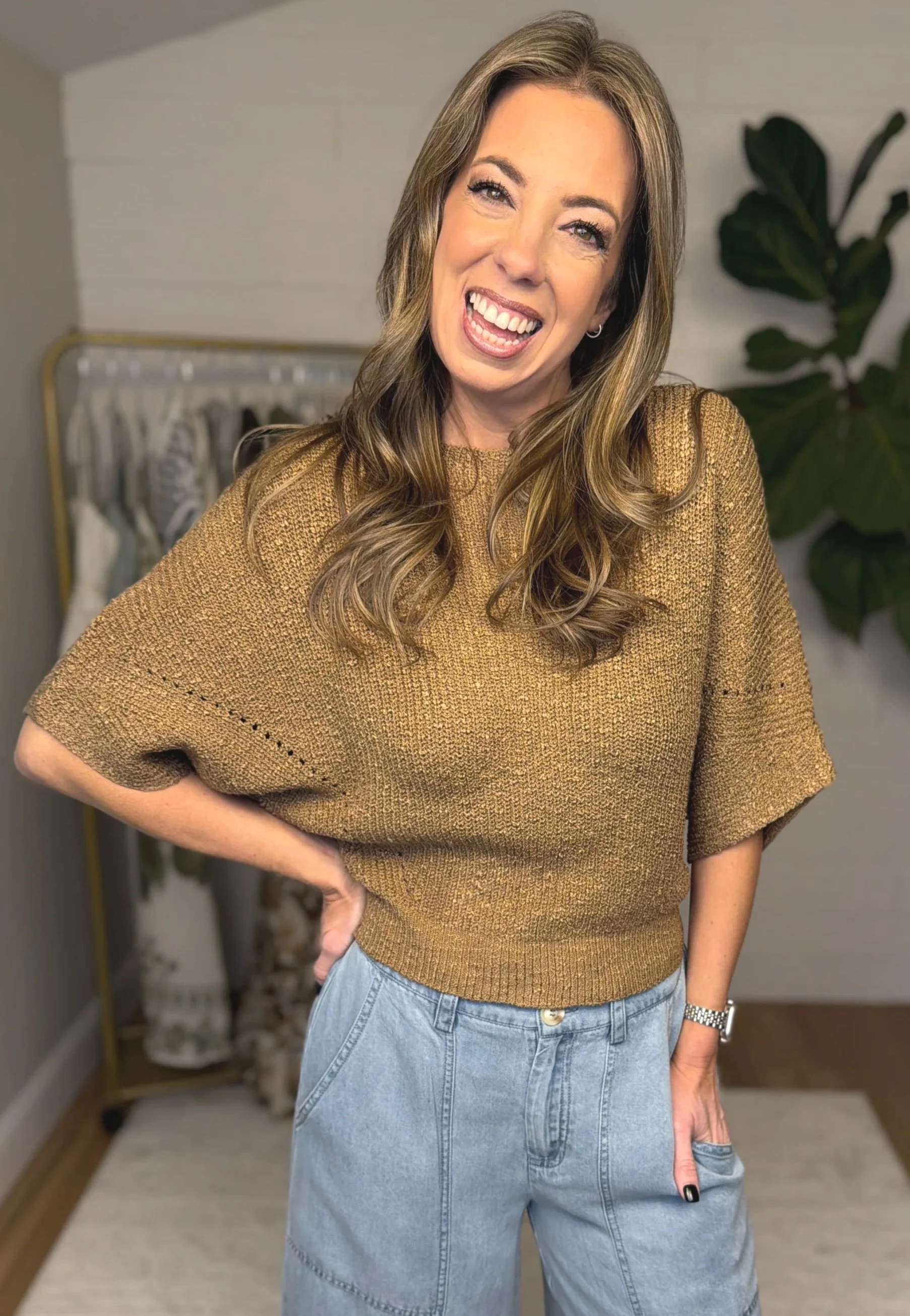 Cropped Half Dolman Sleeve Knit Sweater