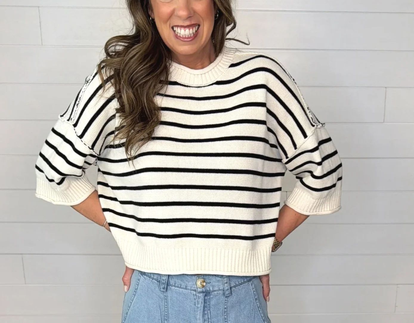 Raw Edge Drop Shoulder 3/4 Sleeve Top