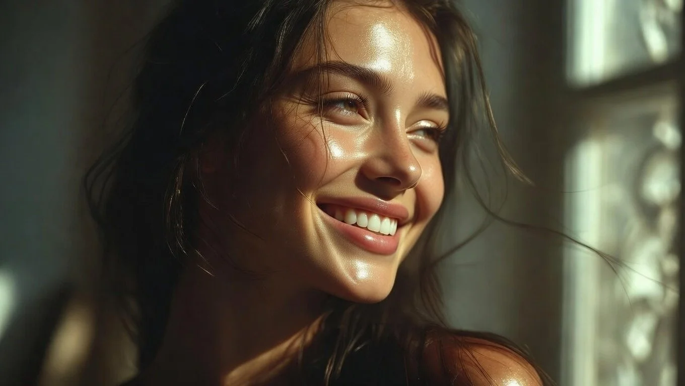 A young woman with long dark hair smiling with sunlight on her face near a window.