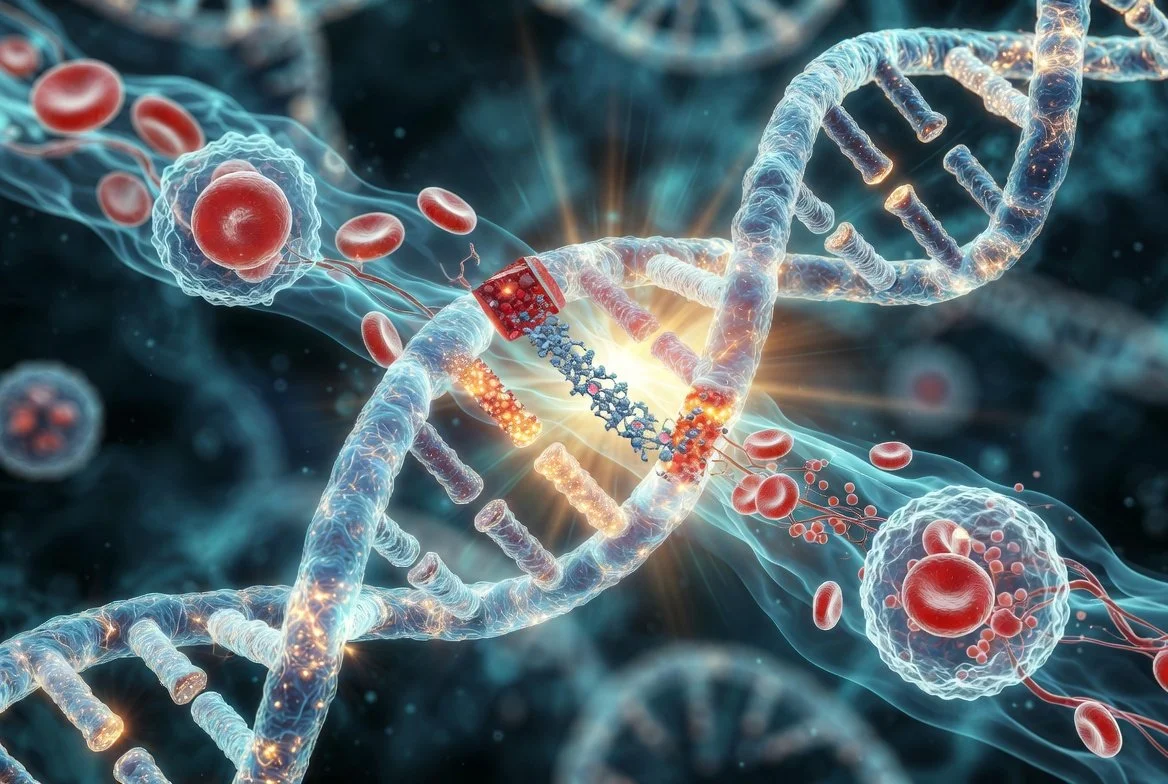 A digital illustration of a DNA double helix being edited with a CRISPR gene editing tool, with red blood cells and immune cells floating around in a scientific setting.