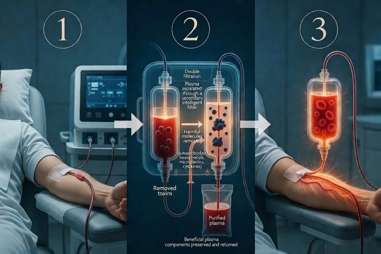 The image shows the process of a plasma treatment for a patient's arm. The first panel depicts a patient with a needle inserted into their arm connected to a medical device. The second panel illustrates the plasma filtration process, where harmful molecules are removed from the plasma. The third panel displays the cleaned plasma being returned to the patient’s arm, indicating a medical procedure involving plasma purification.