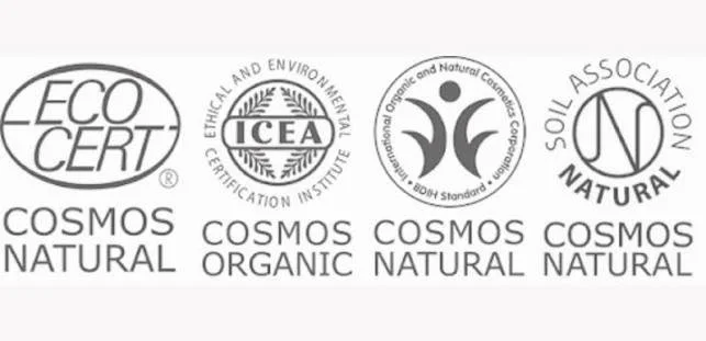 Collection of certification logos: ECOCERT, ICEA, and soil association, indicating that the product is natural, organic, and environmentally certified. https://www.ecocert.com/fr-FR/home