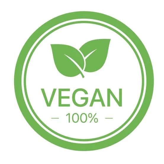 Green vegan badge with two leaves and the text 'Vegan 100%'.