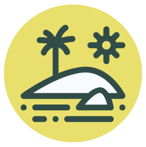 Illustration of a beach scene with a palm tree, a sun, and a small island with a rock, all within a circular frame.