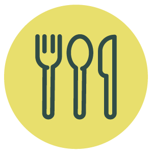 Icon of a fork, spoon, and knife on a yellow circle background