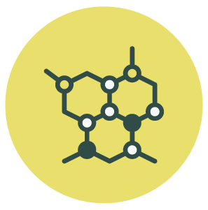 Illustration of a chemical structure with interconnected hexagonal rings and circles, set against a yellow background.