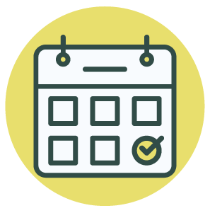 Icon of a calendar with a checkmark on one date, set against a yellow circular background.