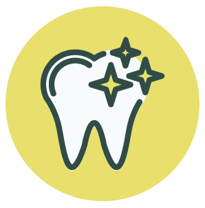 Illustration of a tooth with sparkles, representing dental cleanliness or whitening, on a yellow circular background.
