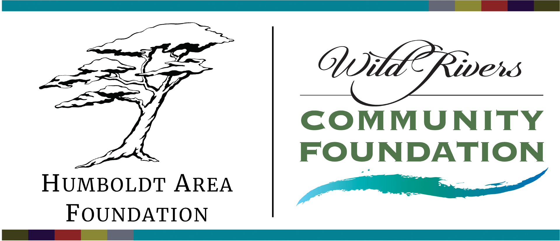 Logo of the Humboldt Area Foundation on the left with a stylized tree illustration and the text 'Humboldt Area Foundation'. On the right, the logo of the Wild Rivers Community Foundation with a script font for 'Wild Rivers' and a green, bold font for 'Community Foundation', accompanied by a blue wave graphic.