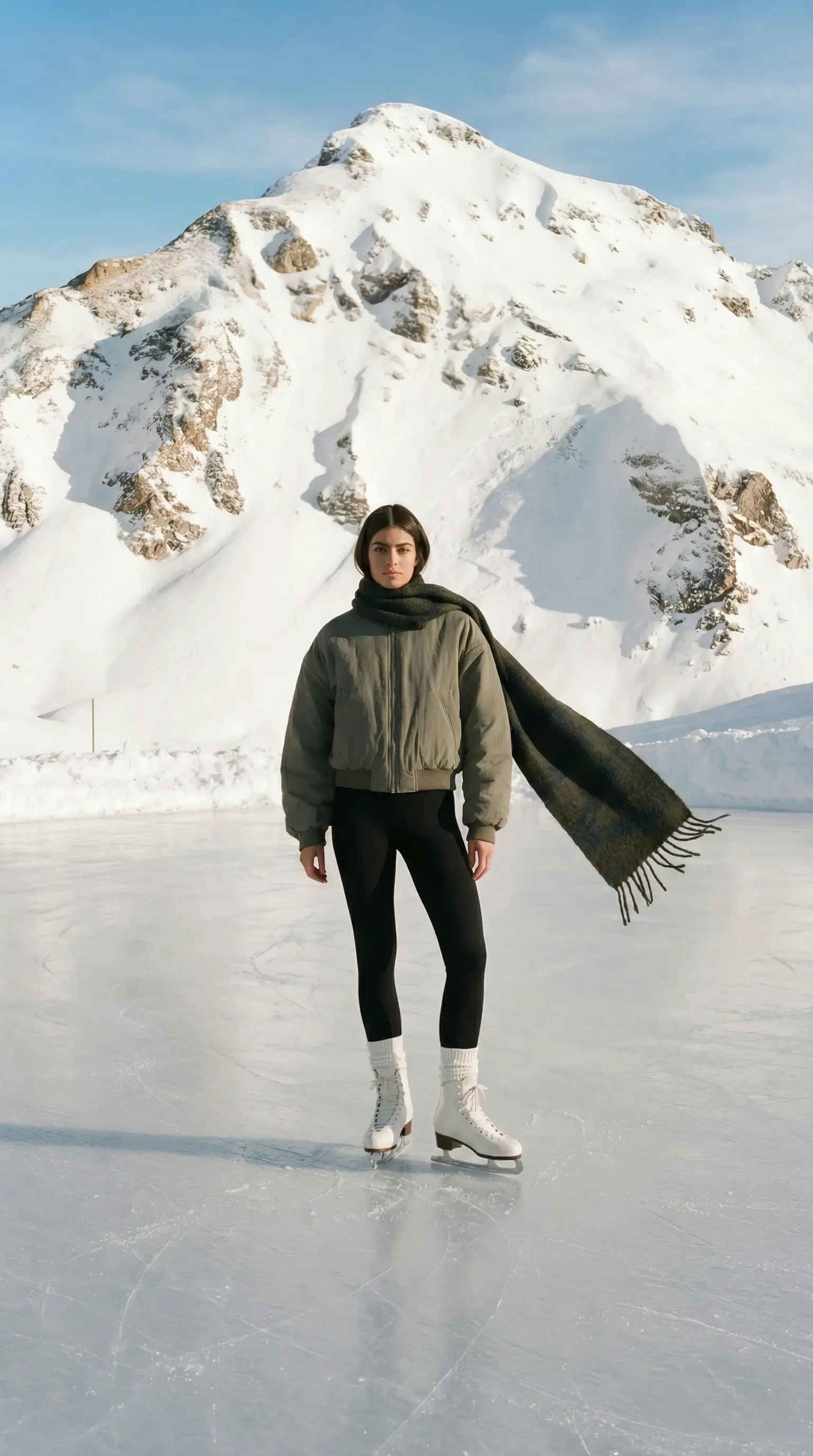 Three women in winter clothing and ice skates standing on an outdoor ice rink with snowy mountains in the background.
