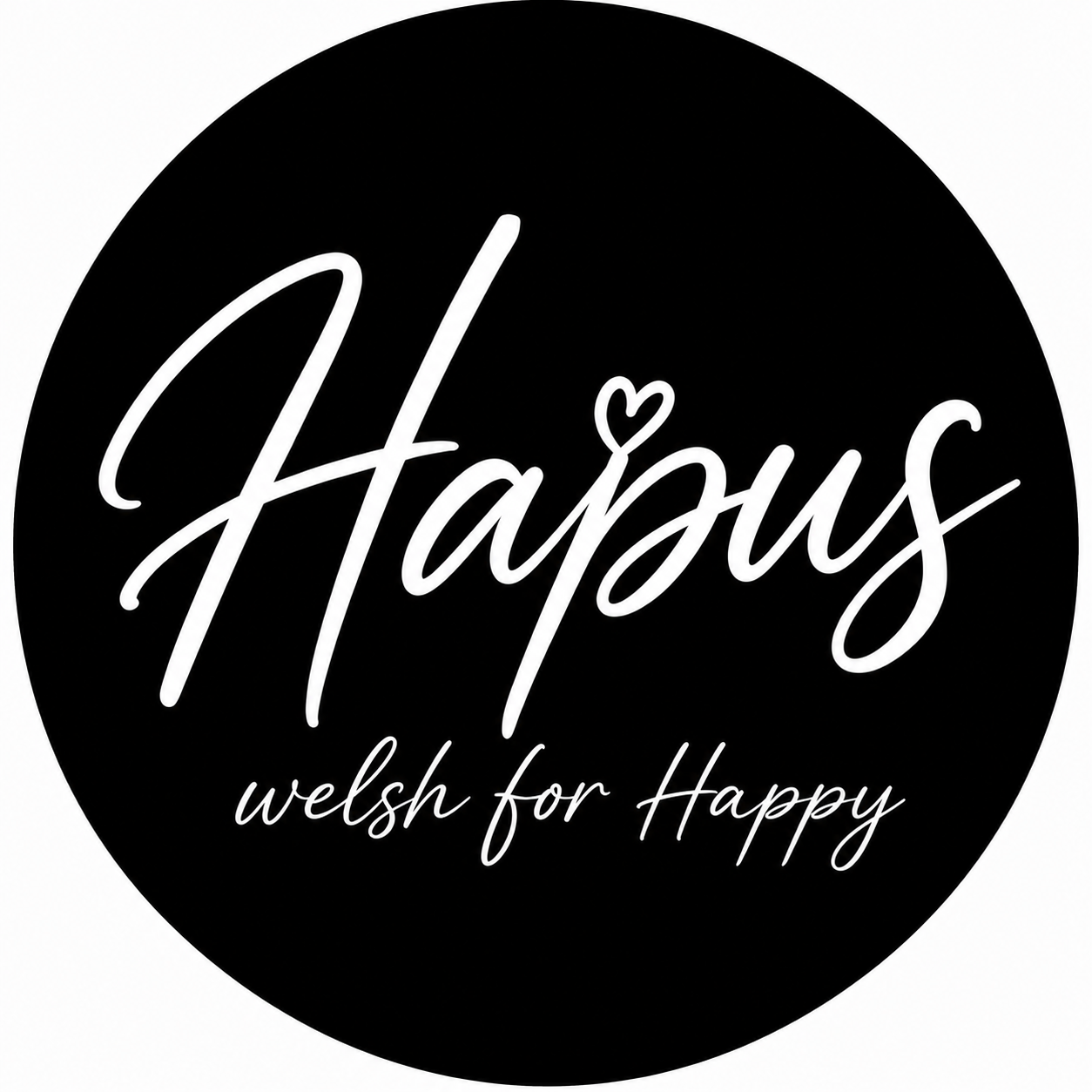 Black circular logo with the white script words 'Hapus' and the tagline 'welsh for Happy' underneath, with a small heart above the letter 'u'.