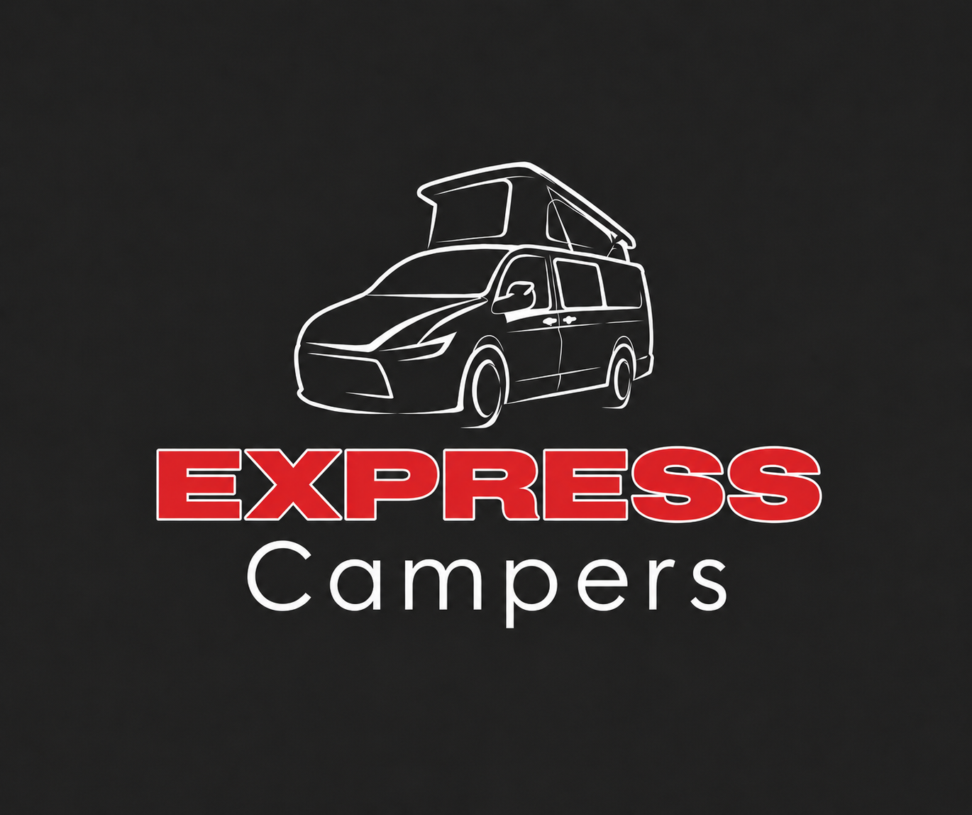 Logo for Express Campers featuring a white line drawing of a camper van with a pop-up roof, on a black background. The word 'EXPRESS' in bold red letters and 'Campers' in white below.