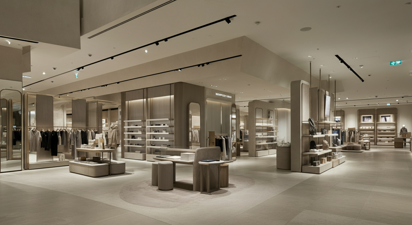 Interior of a modern clothing store with neutral tones, clothing racks, shelves, display tables, and seating areas.