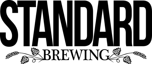 Logo of Standard Brewing with large bold text and decorative hops and leaves.