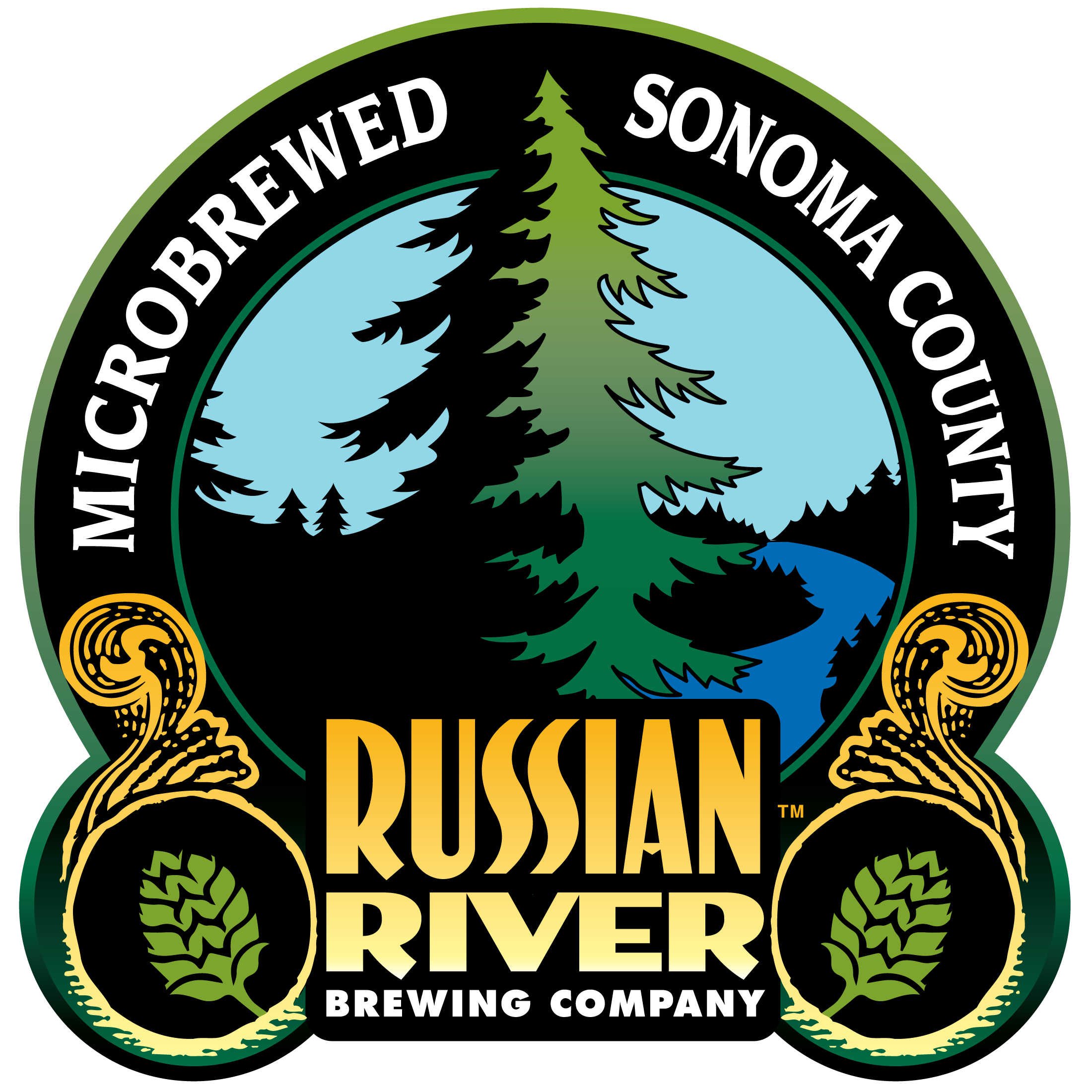 A circular logo of Russian River Brewing featuring a trout leaping out of the water and pine trees reflected in a river.