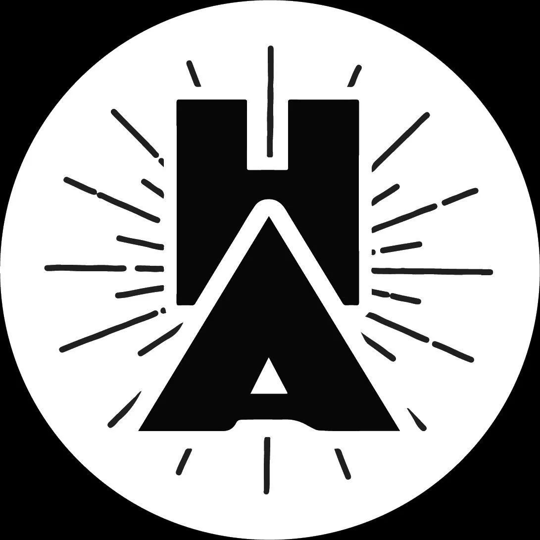 A black and white logo with a large letter 'A' in the center, flanked by a stylized castle or fortress at the top, with radiating lines around the circle symbol.