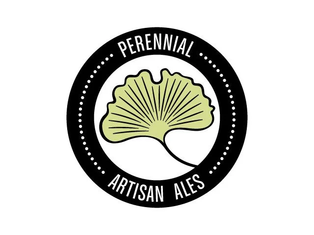 Logo with a ginkgo leaf in the center, surrounded by a black circle with white text that reads "Perennial Artisan Ales."