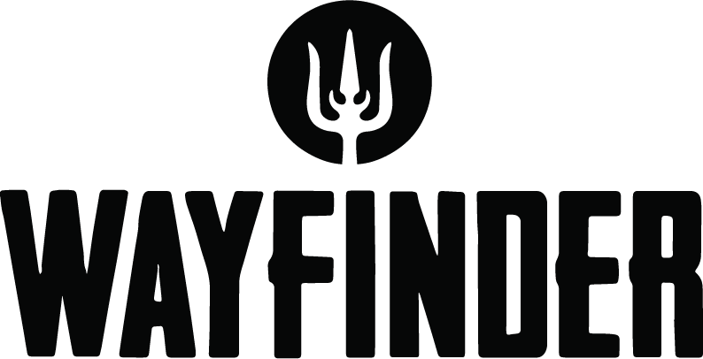 Wayfinder logo with a black trident symbol in a gray circle and the text 'WAYFINDER' beneath it.
