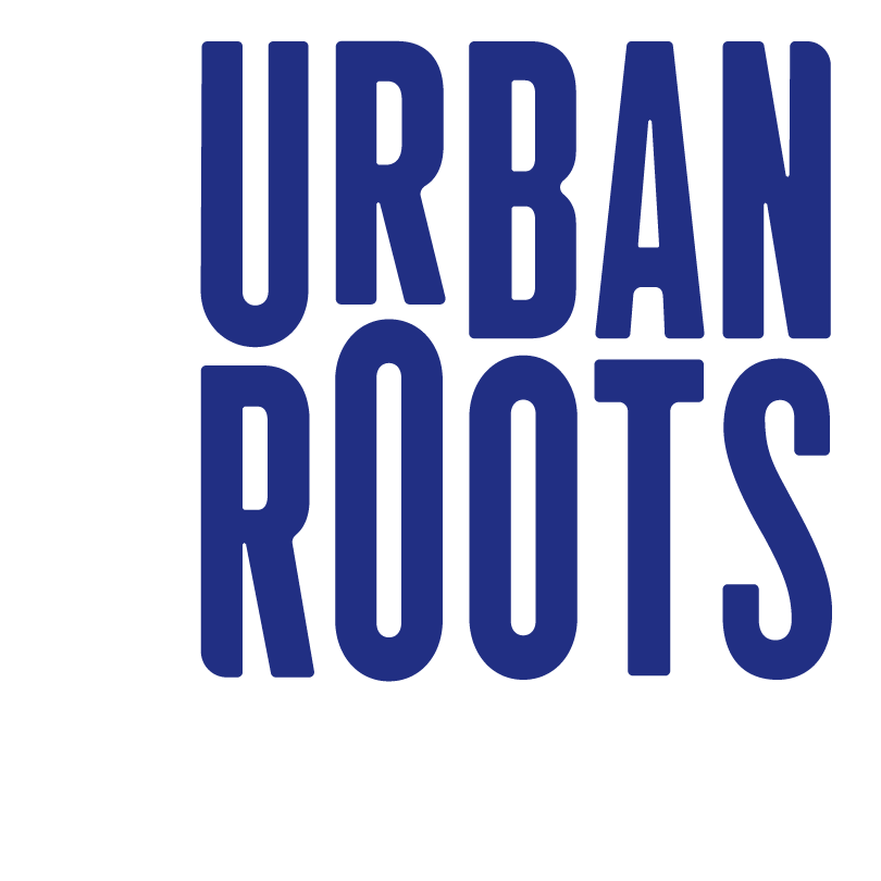 Logo with the text 'Urban Roots' in bold, dark blue letters on a white background.