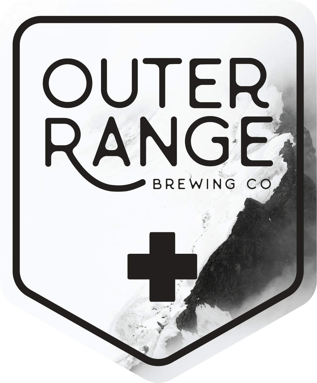 Logo for Outer Range Brewing Co featuring mountain landscape and a cross symbol.