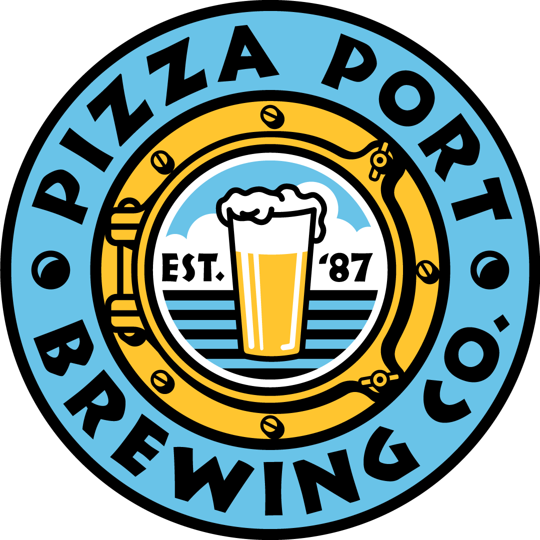Logo for Pizza Port Brewing with a schooner glass of beer in the center, the establishment year 1987, surrounded by nautical and beer-themed design elements in blue, yellow, and white.