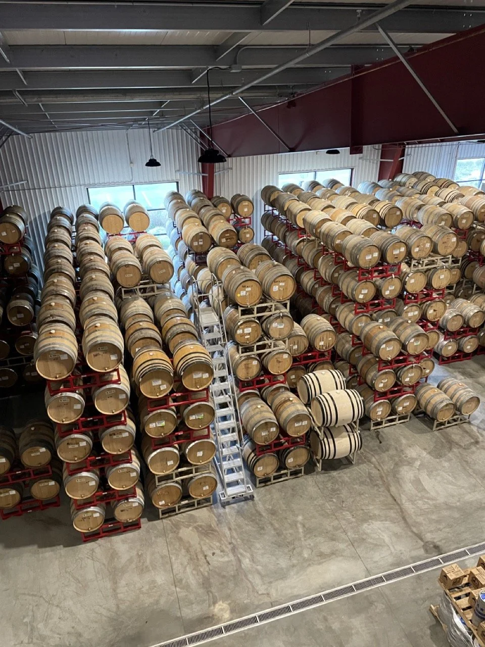 Rows of barrels stacked at Russian River Brewing