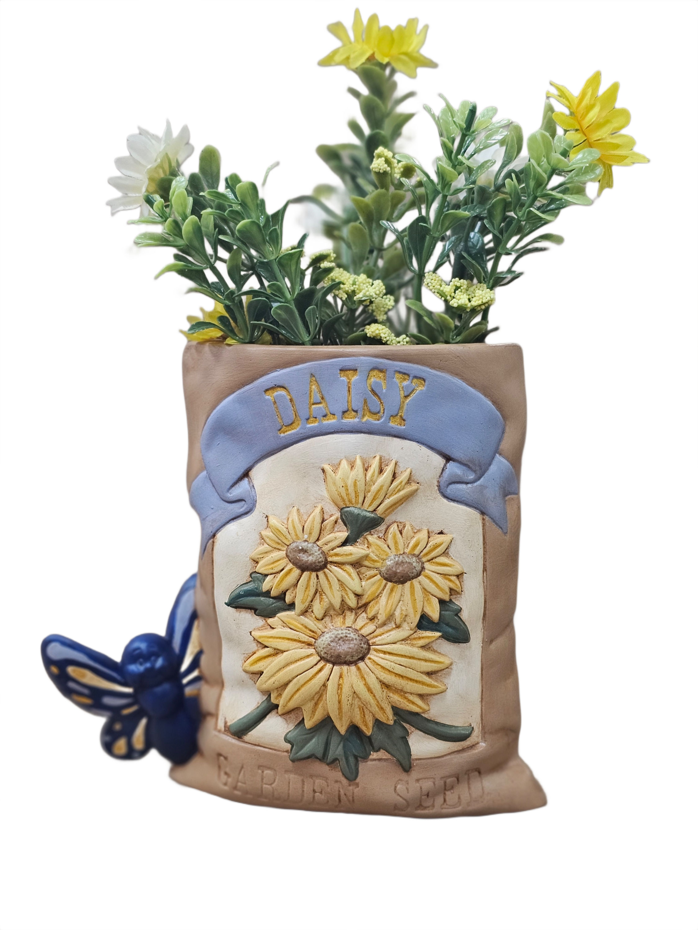 Daisy Planter  – Rustic Seed Sack Flower Pot featuring 3D Butterfly Accent