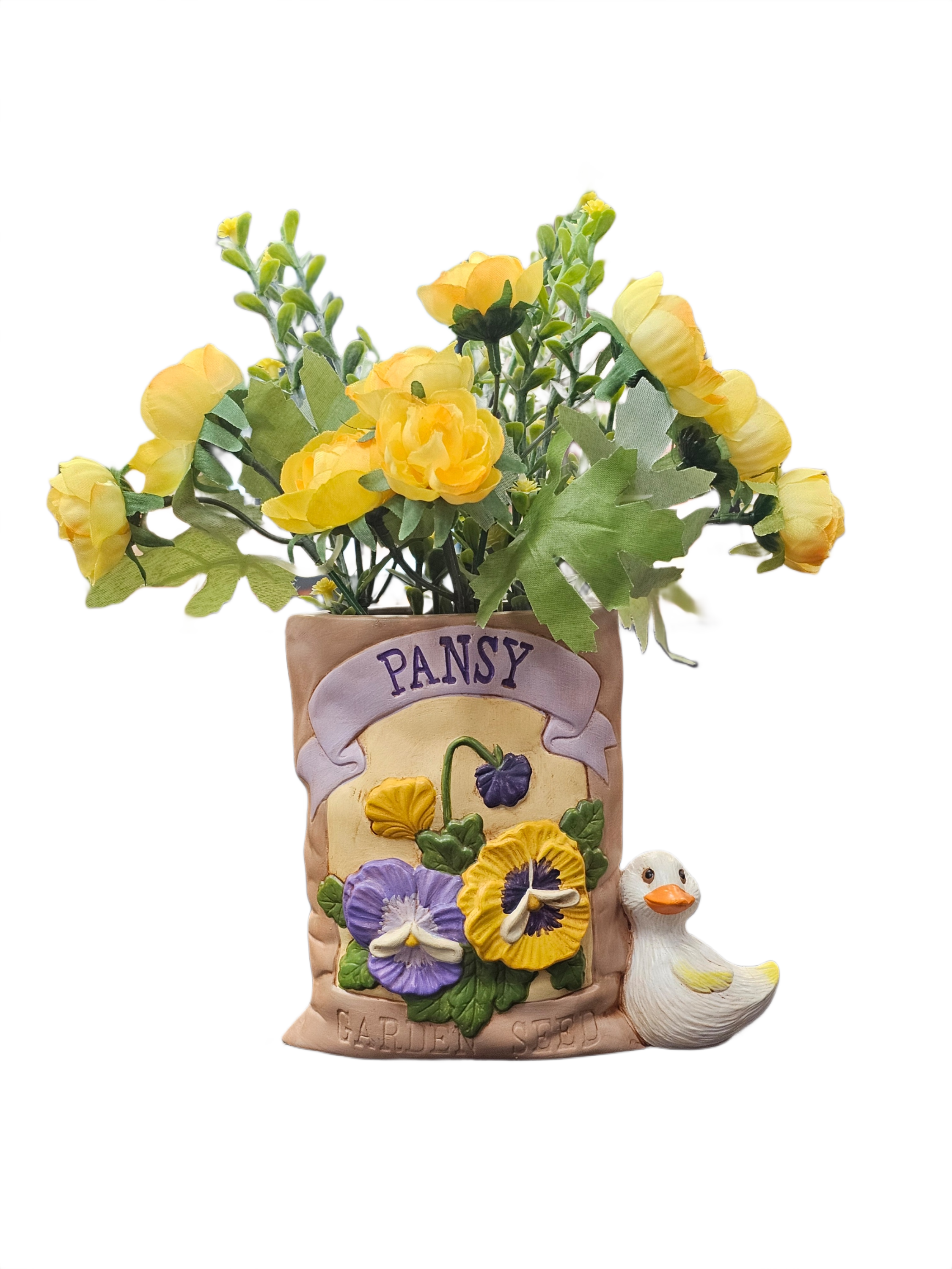 Pansy Seed Sack Planter with Little Duck